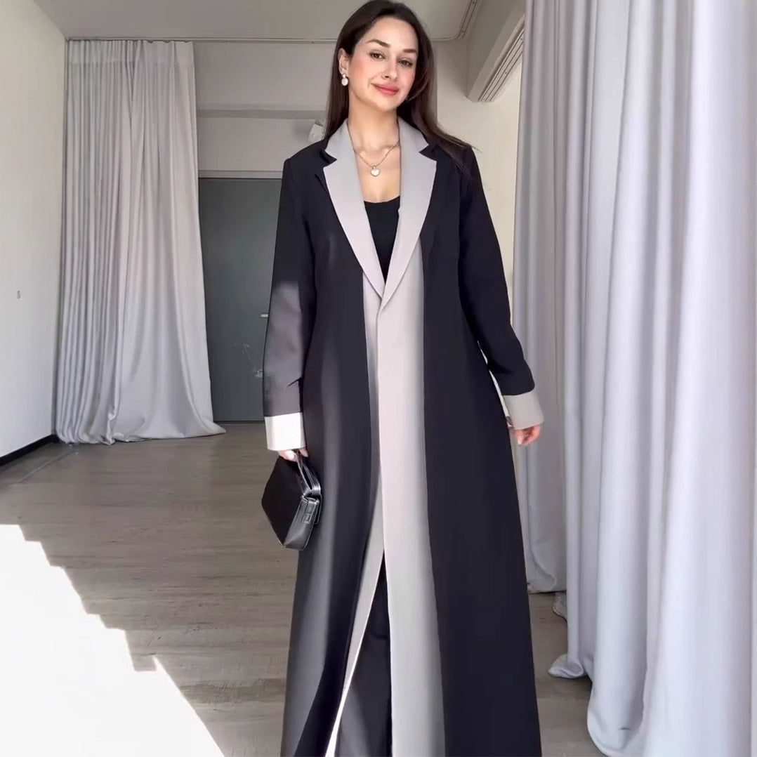 Black and gray long trench coat with white collar stitching contrast color