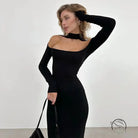 Black long-sleeved cutout sheath dress in fashion langry style