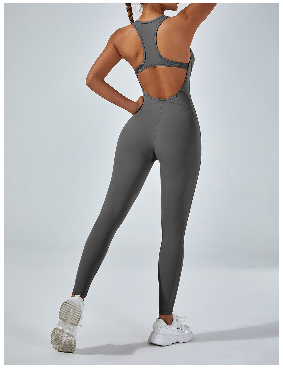 Langry gray yoga one-piece jumpsuit with cut-out back and seamless fashion design