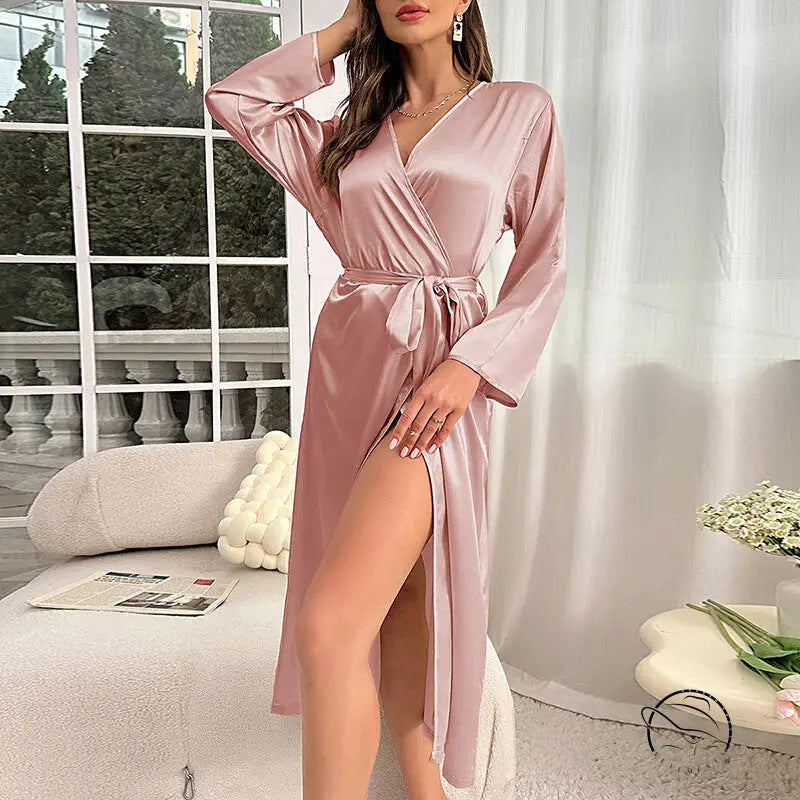 Soft pink satin langry robe with V-neck, long sleeves, self-tie belt