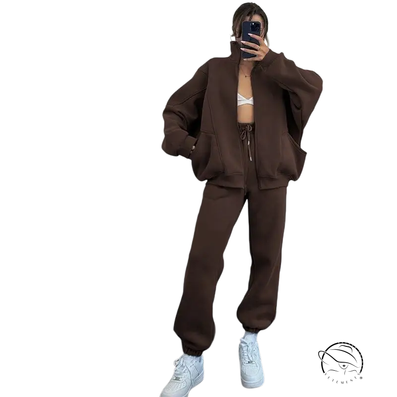 Comfy stand collar cardigan sweater suit in brown oversized zip-up hoodie and joggers