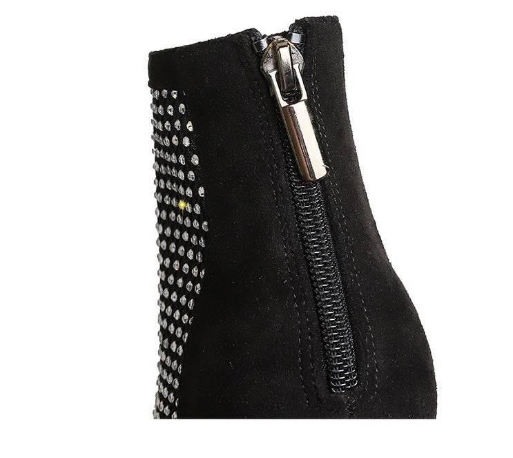 Langry fashion black suede ankle stiletto boot with rhinestones