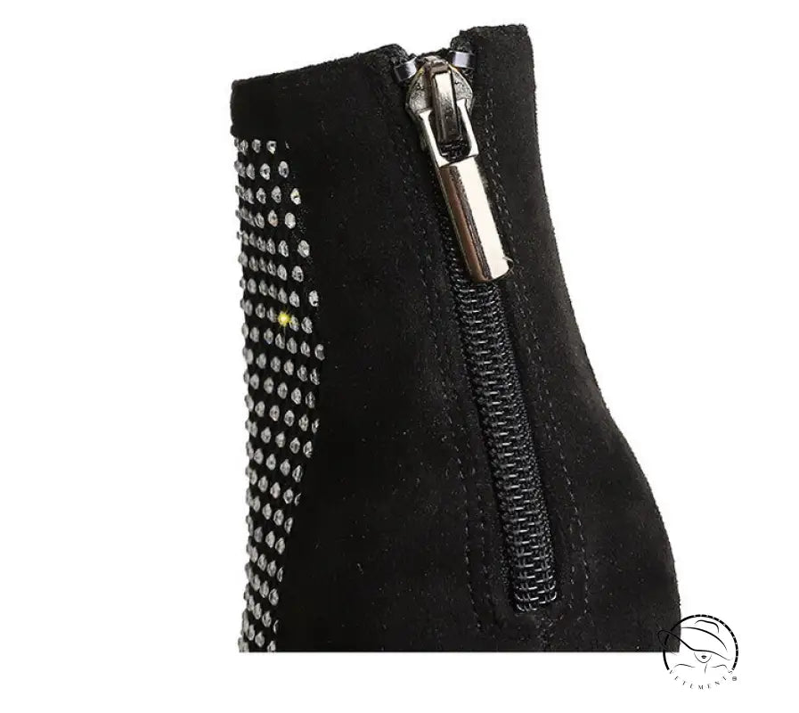 Langry fashion black suede ankle boot with silver zipper and rhinestone embellishments