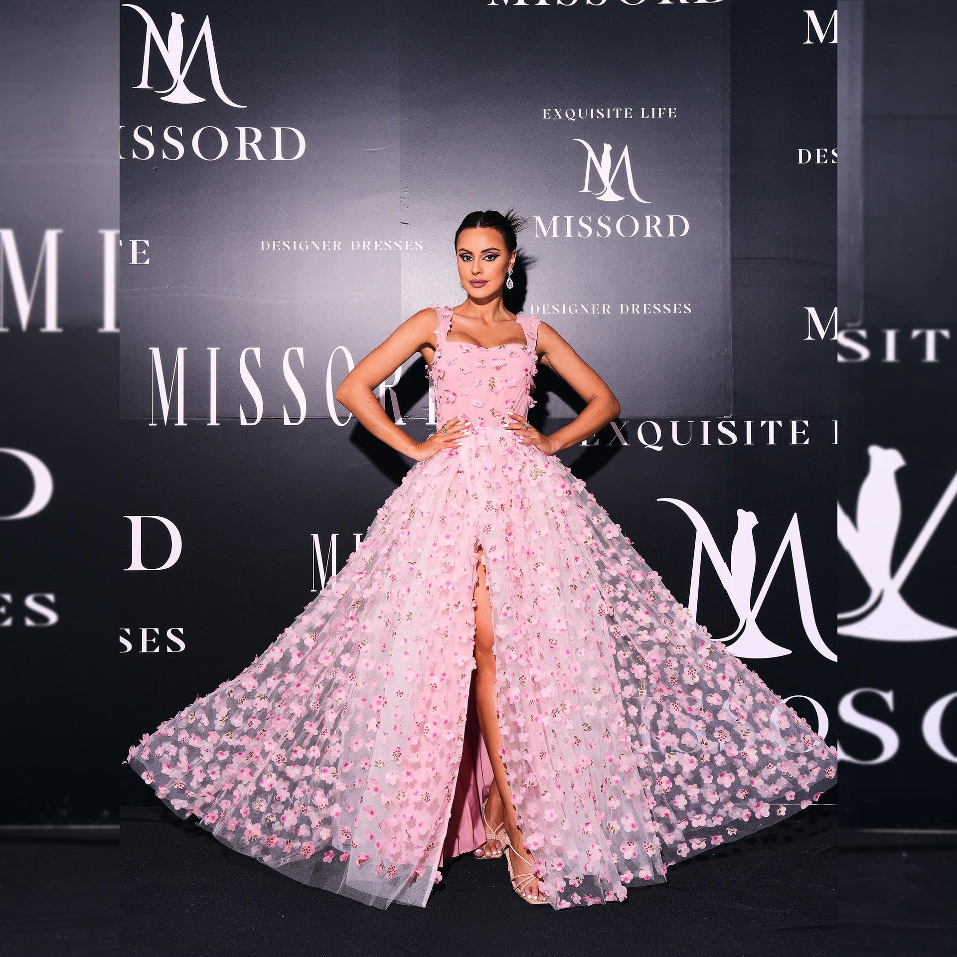 Elegant pink floral gown with square collar detailing in Sleeveless Elegant Square Collar Sling Dress