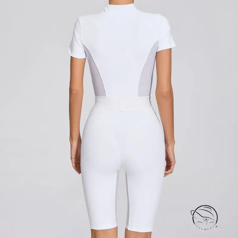 Tight Waist Open Collar Zipper Short Sleeve Yoga Jumpsuit Women Patchwork Fitness Sports