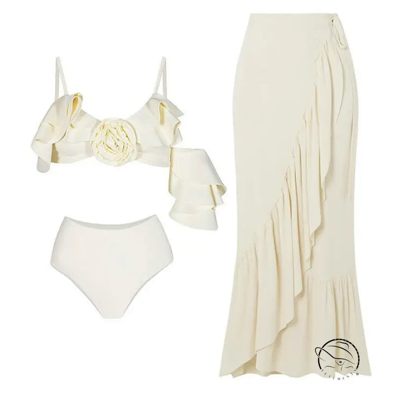 Elegant retro swimsuit in ivory ruffled style with skirt