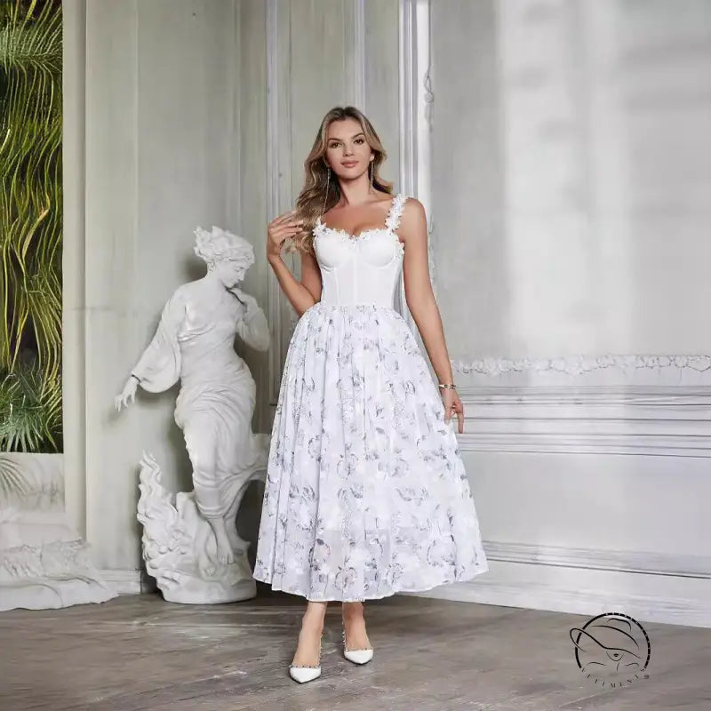 Elegant white floral European French gentle three dimensional camellia chiffon dress