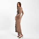 Elegant slim evening dress in brown with long sleeves and high heels, langry fashion