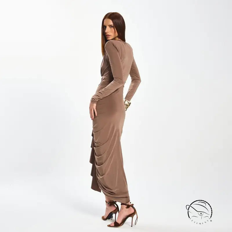 Elegant slim evening dress in brown draped maxi with long sleeves and high heels, langry fashion ملابس