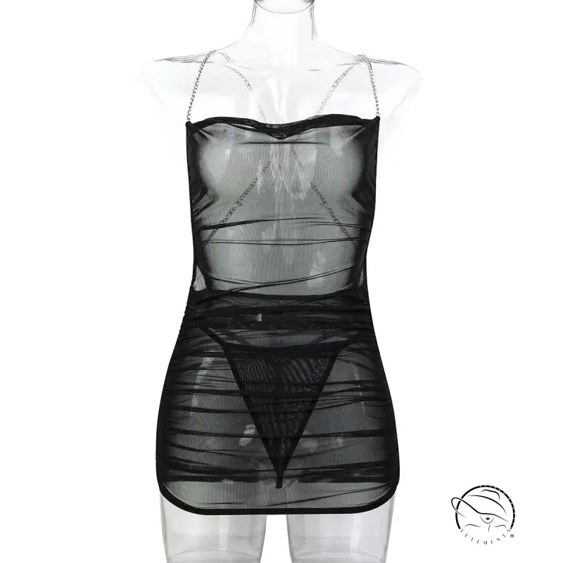 Sheer black mesh one piece soft stretch nightdress with striping and straps