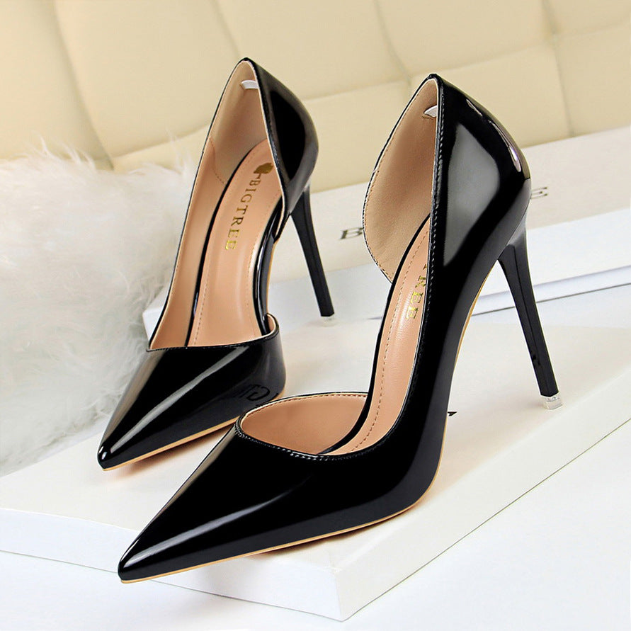 Langry fashion black patent leather stiletto heel pumps with pointed toes