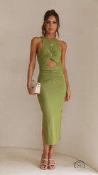 Stunning slim fit green slit midi dress in langry fashion ملابس