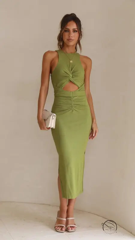 Stunning slim fit green slit midi dress in langry fashion ملابس
