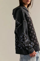 Black and gray bandana print hoodie with embroidery stitching details