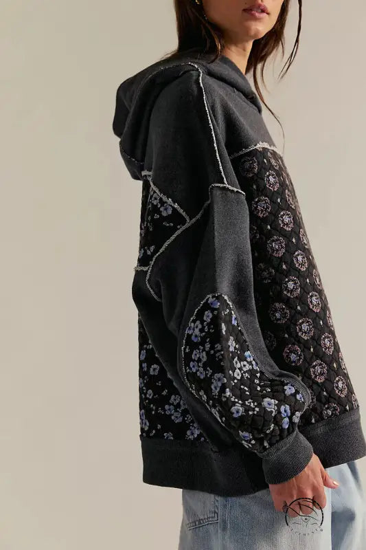 Black and gray bandana print hoodie with embroidery stitching details