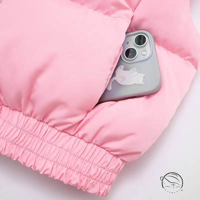 Pink puffer jacket by Langry Fashion with elastic hem and phone pocket