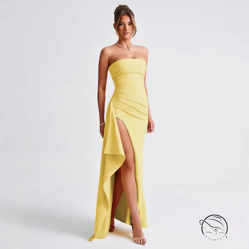 Elegant yellow strapless langry fashion gown with thigh-high slit