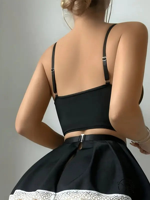 Black satin crop top and skirt with lace trim in maid lingerie set