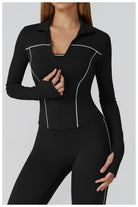 Langry warm zipper windproof slim black athletic jacket with white piping