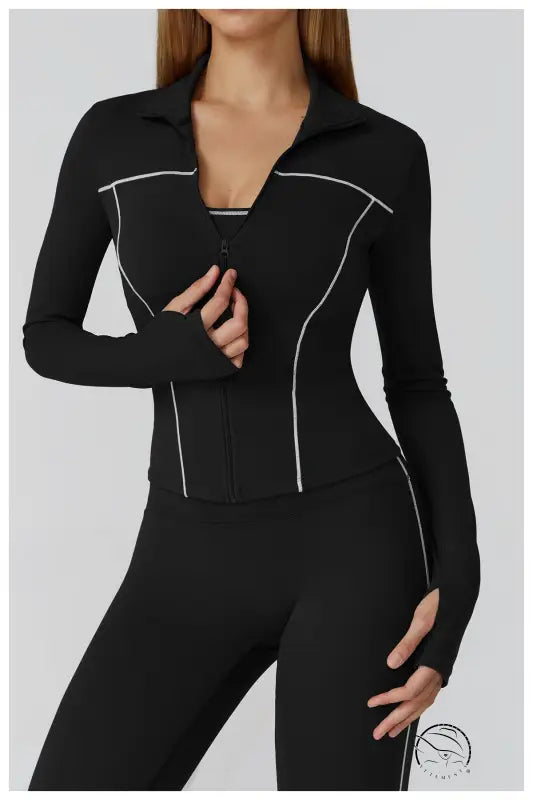 Langry warm zipper windproof slim jacket in black with white piping