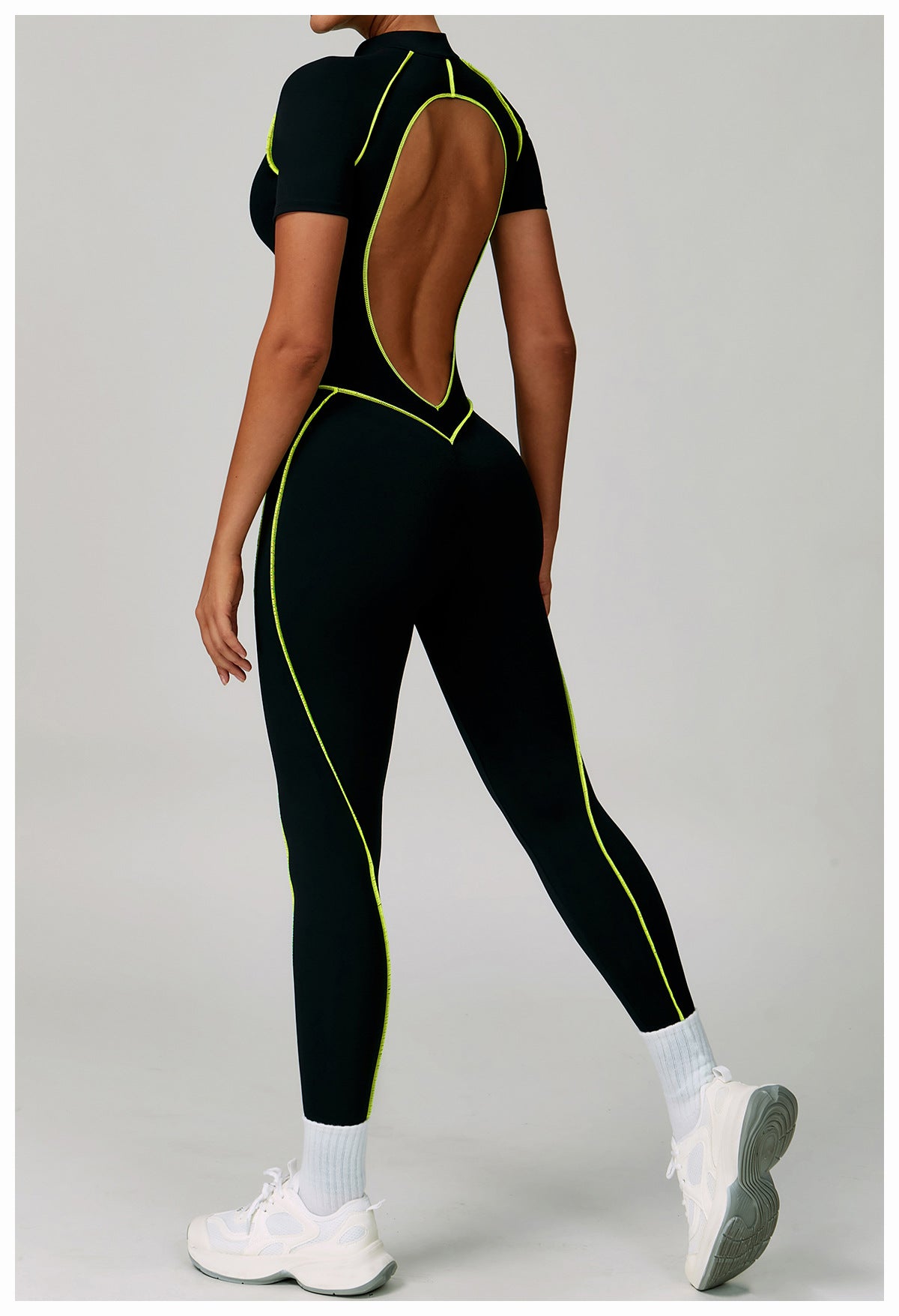 Black and yellow Langry fashion jumpsuit with open back for yoga