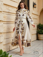Elegant floral patchwork maxi dress in off-white with brown and gold embroidery