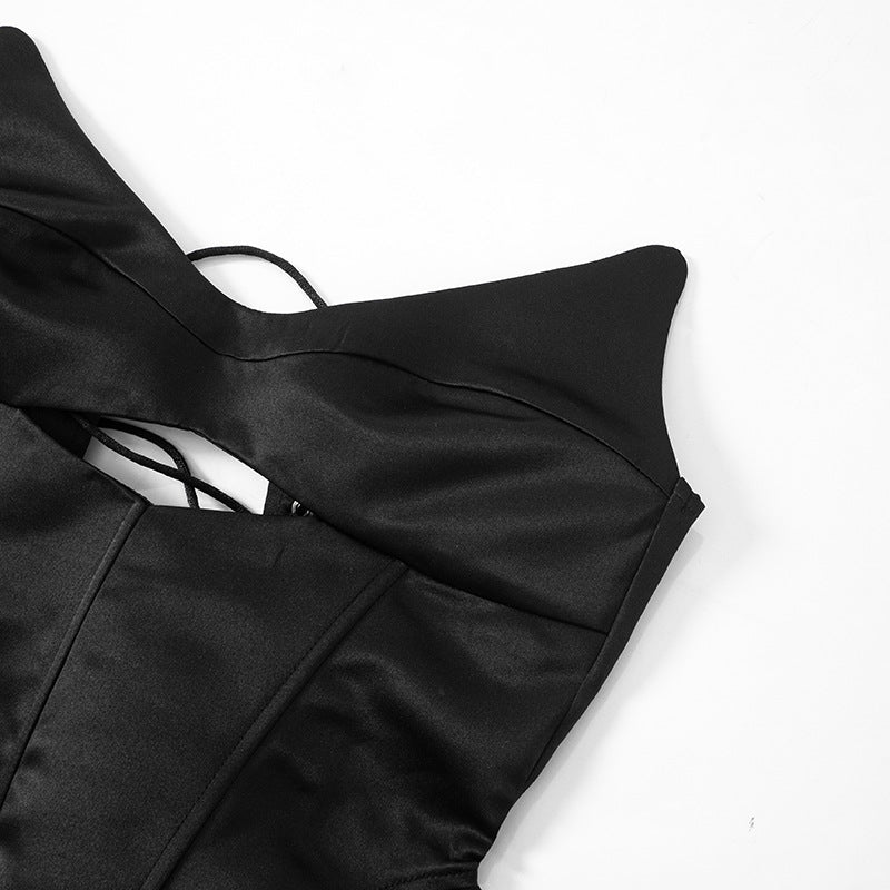 Black satin backless boning corset top from the Backless Boning Corset collection