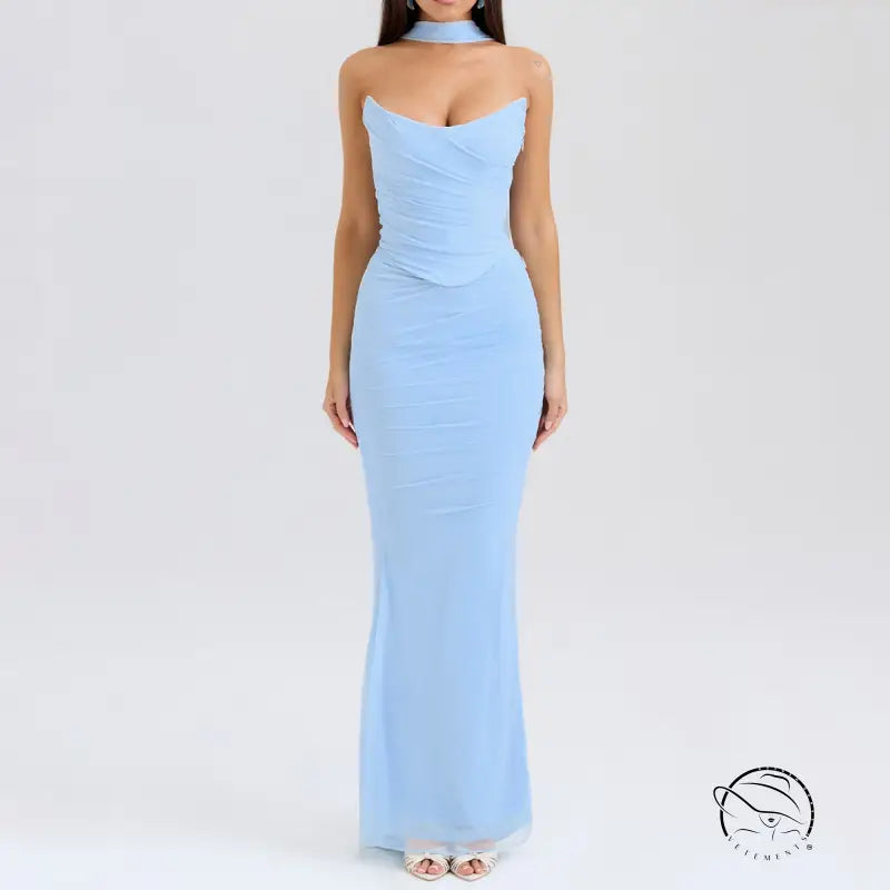 High grade skinny sheath skirt set with light blue strapless maxi dress