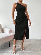 Black one-shoulder midi dress with side slit showcasing elegant fashion and style