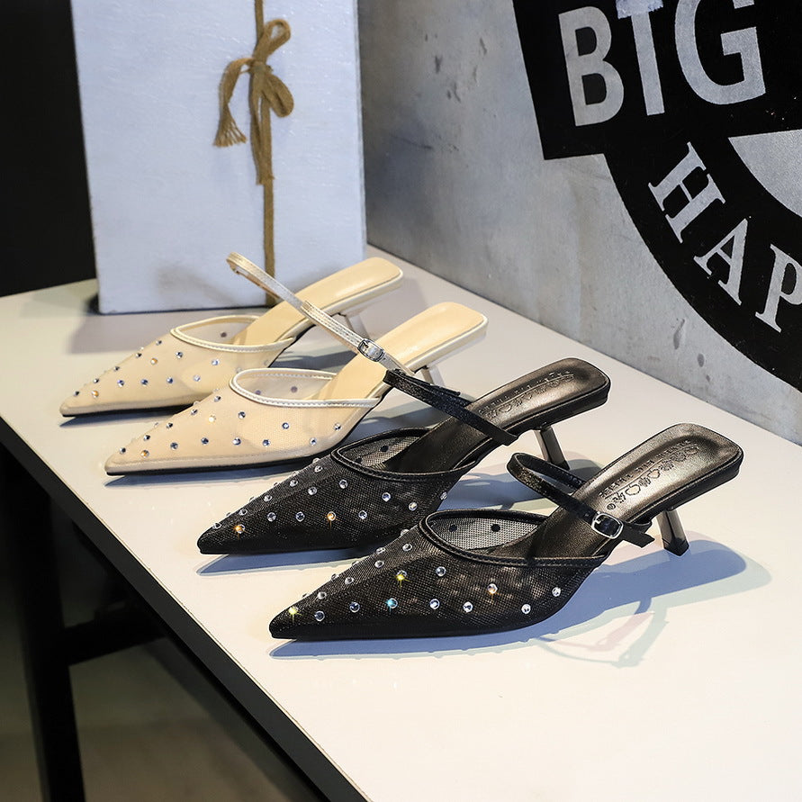 Langry fashion white and black studded pointed-toe mule heels in mesh lace slippers