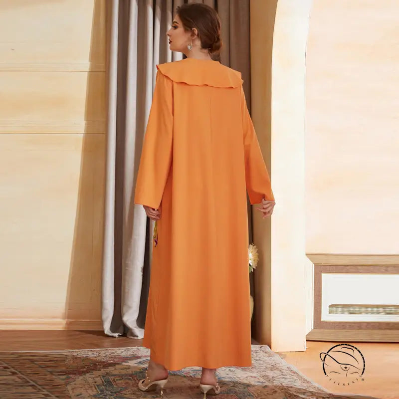 Beautiful langry fashion orange abaya with high collar, long sleeves, V-neck embroidery