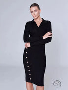 Black ribbed knit midi dress with elegant polo collar