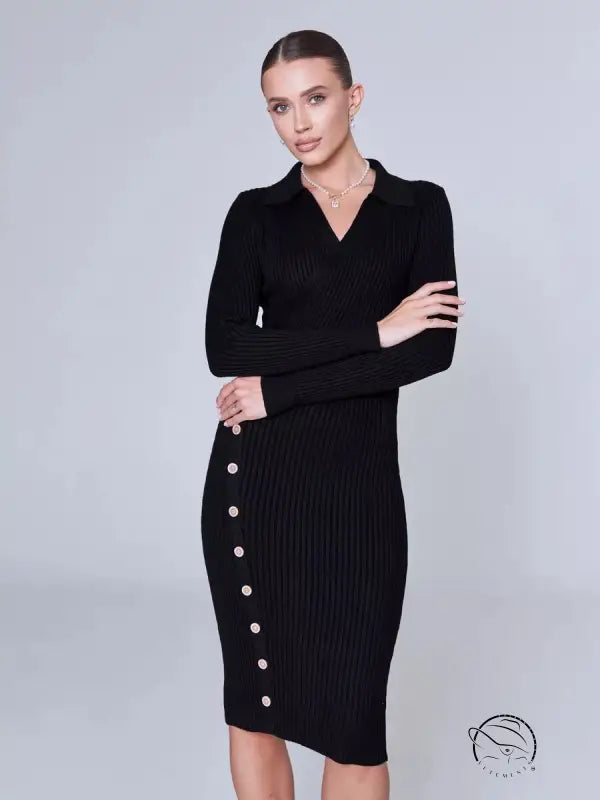 Black ribbed knit midi dress with elegant polo collar