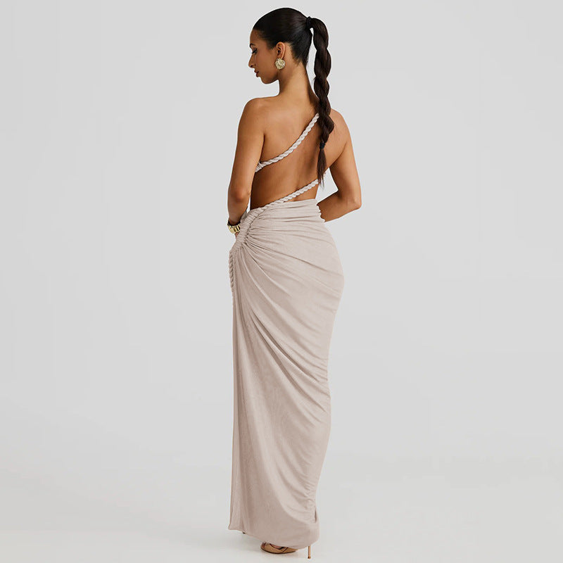 Beige one-shoulder draped gown from Stunning Cutout Lace Pleated Dress in fashion ملابس