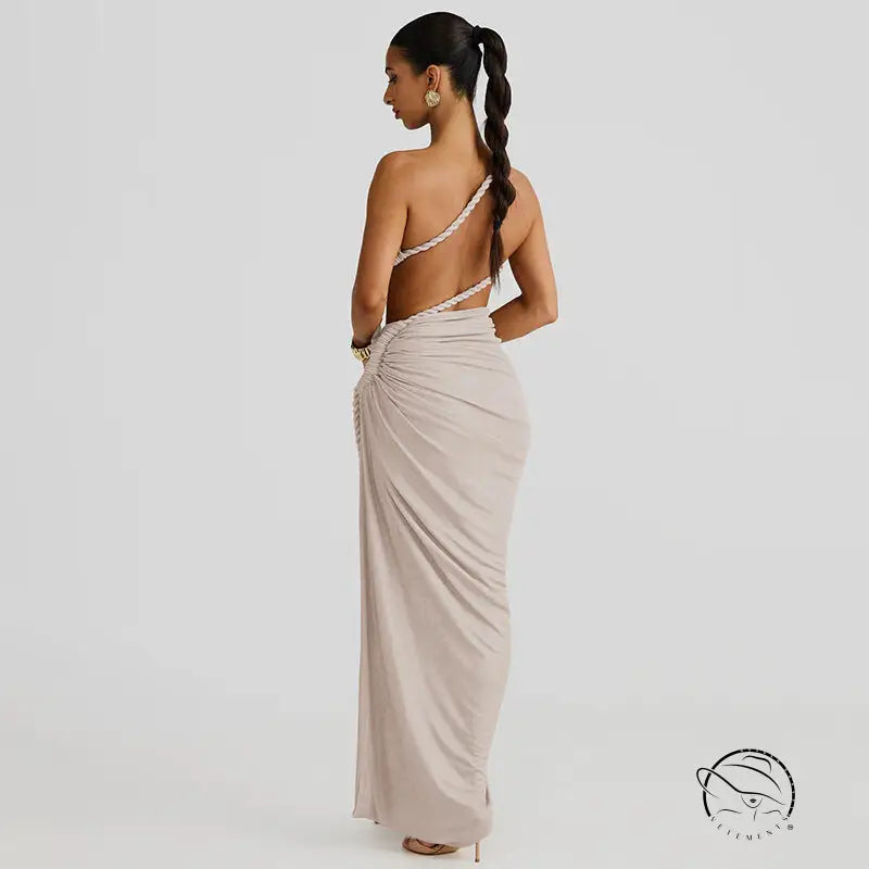 Stunning cutout lace pleated dress in beige one-shoulder draped gown