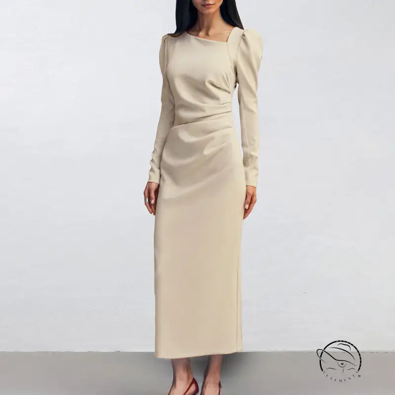 Elegant puff sleeve tight split beige long-sleeved dress