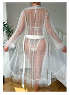 White sheer polka-dot lingerie robe with ruffled hem and tie-back belt