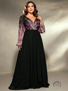 Plus size black chiffon long sleeve evening dress with floral lace bodice