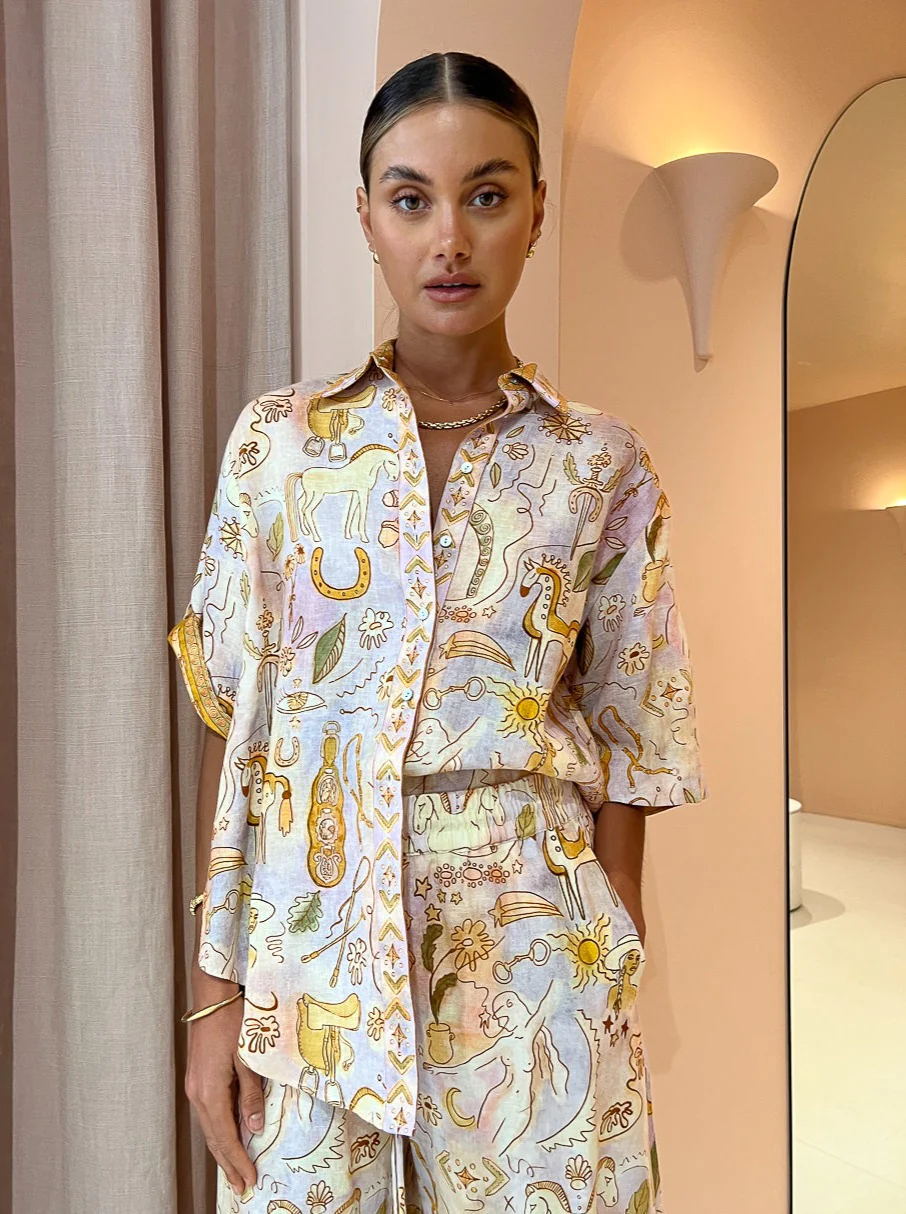 Stylish woman’s patterned shirt and shorts set from Summer Casual Pocket Two Piece Set