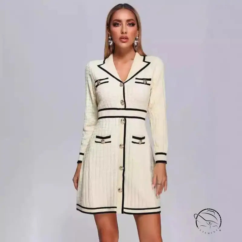 Cream-colored tweed knitted classic dress with black trim