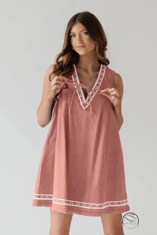 Beautiful embroidered vest denim dress in sleeveless pink