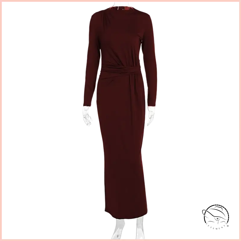 Sleek burgundy maxi dress with fitted silhouette and self-tie waistband