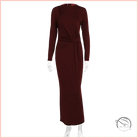 Sleek burgundy maxi dress with fitted silhouette and self-tie waistband