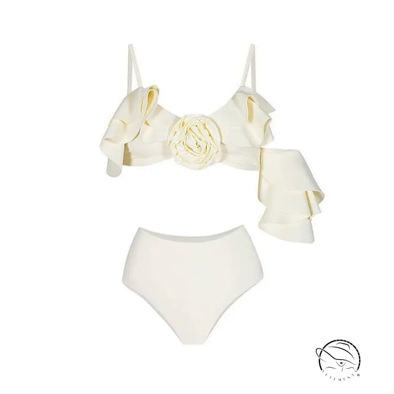 Elegant retro swimsuit in ivory ruffled two-piece white design