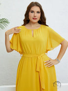 Elegant lace up mustard yellow dress with flutter sleeves, free shipping