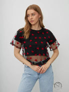 Elegant faux cotton short langry black mesh crop top with red heart pattern