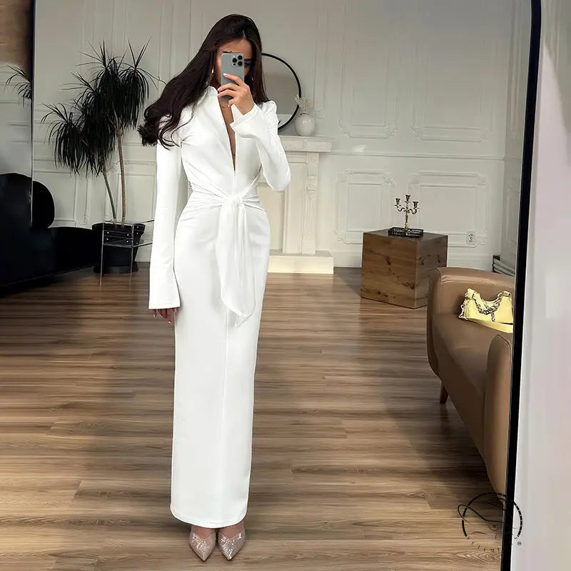 Gorgeous waist tight slim fit white satin long-sleeved maxi dress