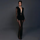 Langry fashion black velvet sheer mesh plunging neck jumpsuit