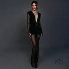 Langry fashion black velvet sheer mesh plunging neckline jumpsuit