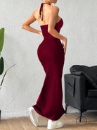 Burgundy halter maxi dress in enchanting slim fit fashion